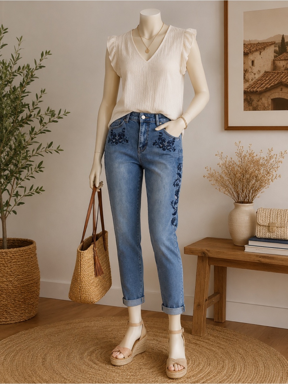 Embroidered Blue Women's Jeans